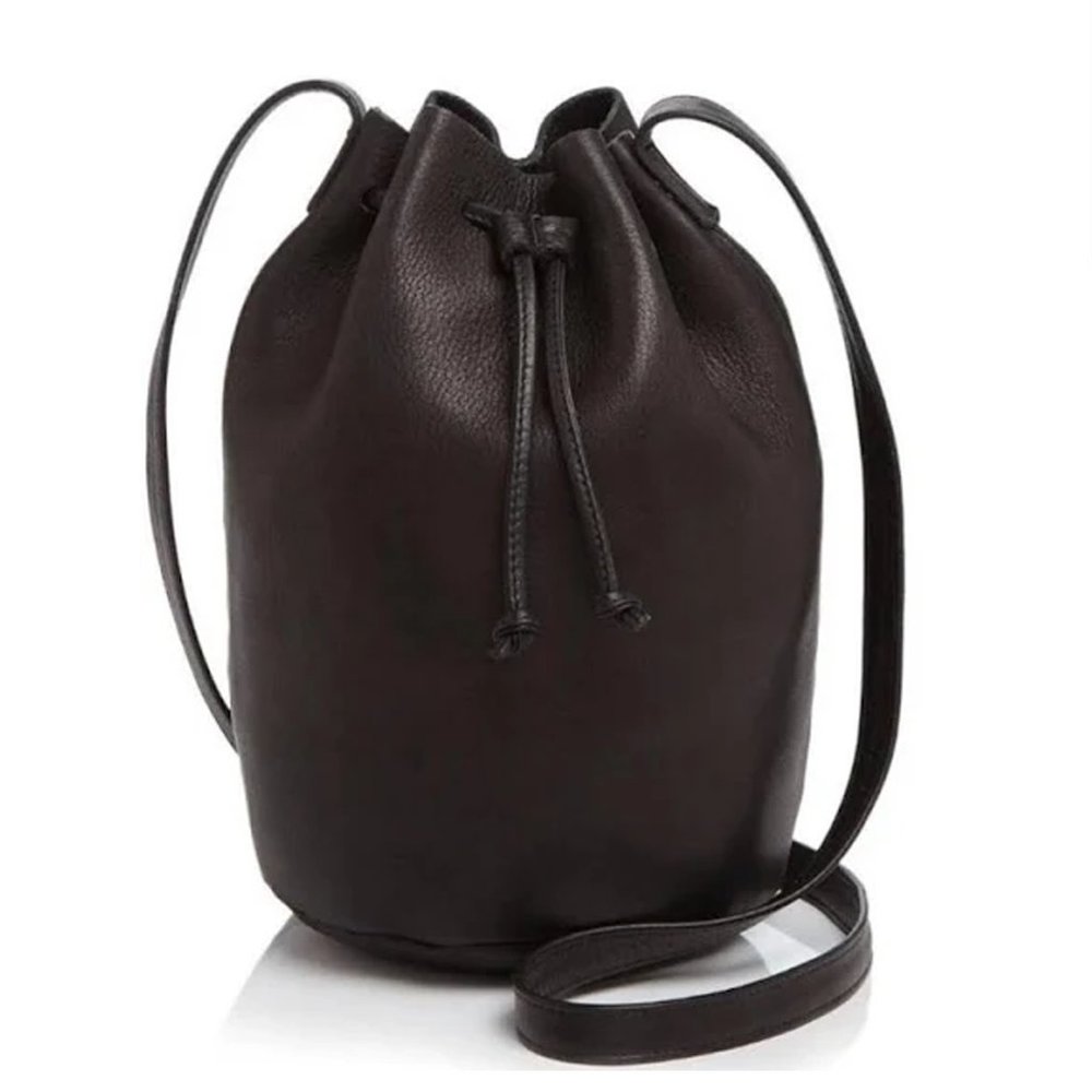 BAGGU Black Leather Pebbled Crossbody Drawstring Lux Bucket Bag Purse